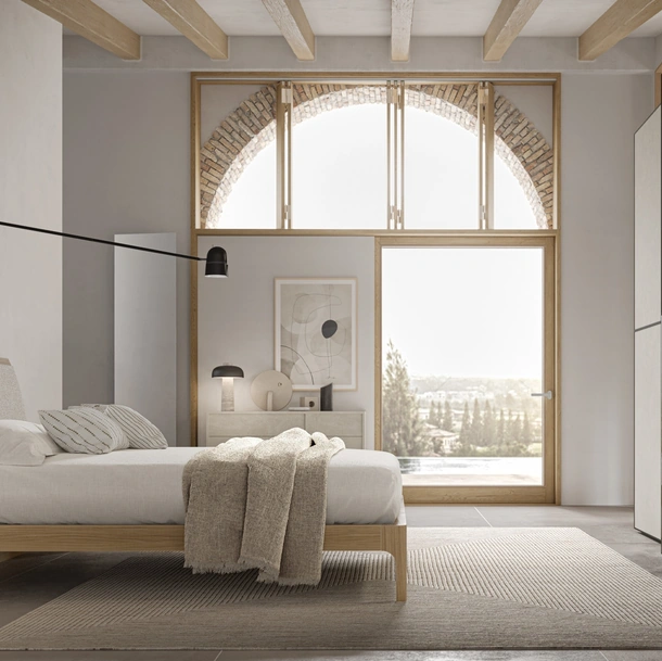 Letto finitura Matwood White con testiera imbottita Parentesi di SantaLucia