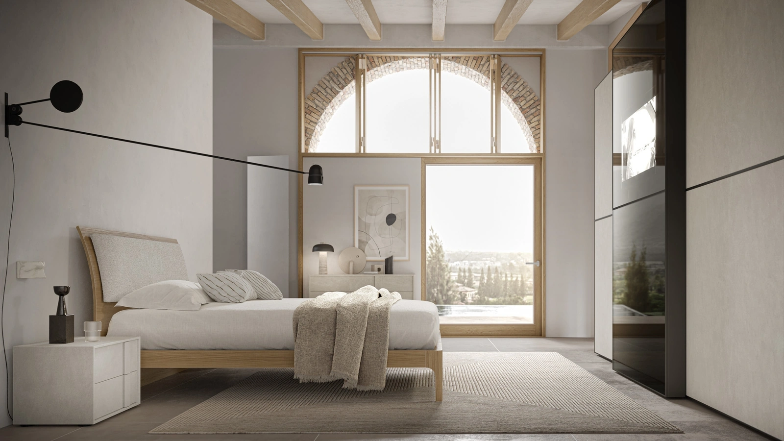 Letto finitura Matwood White con testiera imbottita Parentesi di SantaLucia