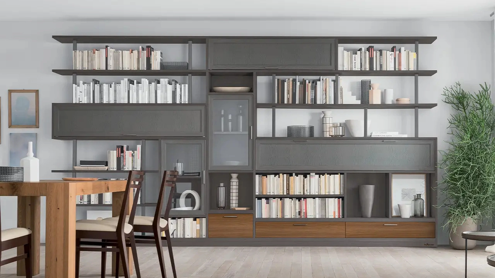 Libreria a muro in legno laccato Melograno composizione 92 di Le Fablier