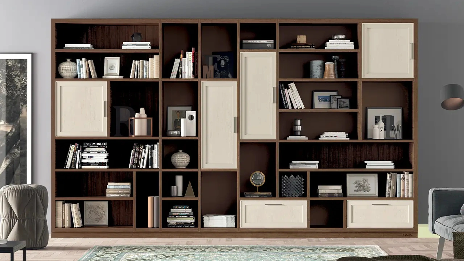 Libreria a muro in legno e laccato opaco Melograno composizione 98 di Le Fablier