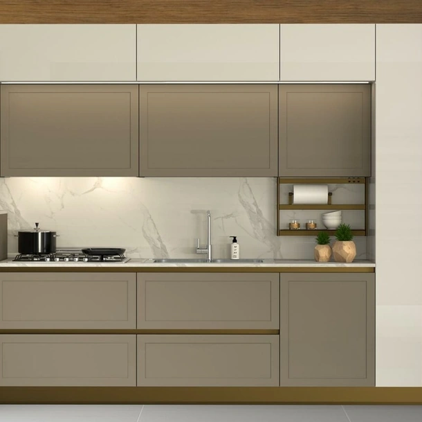 Cucina Moderna lineare Gaia Pet tortora opaco e bianco lucido di Mobilturi