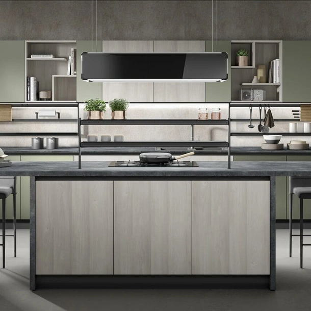 Cucina Moderna con isola Nevada finitura larice grigio e verde oliva opaco di Mobilturi