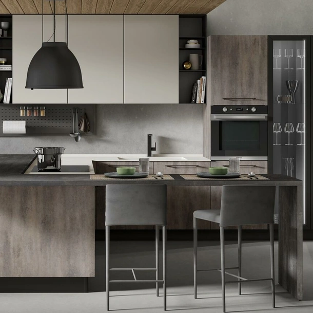 Cucina Moderna con penisola Nevada finitura ossido grigio e seta bianco opaco di Mobilturi