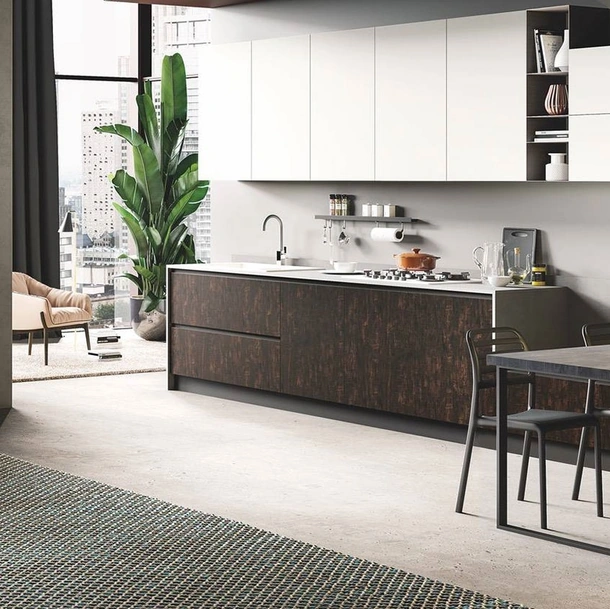 Cucina Moderna ad angolo Star seta bianco e legno bruciato di Mobilturi