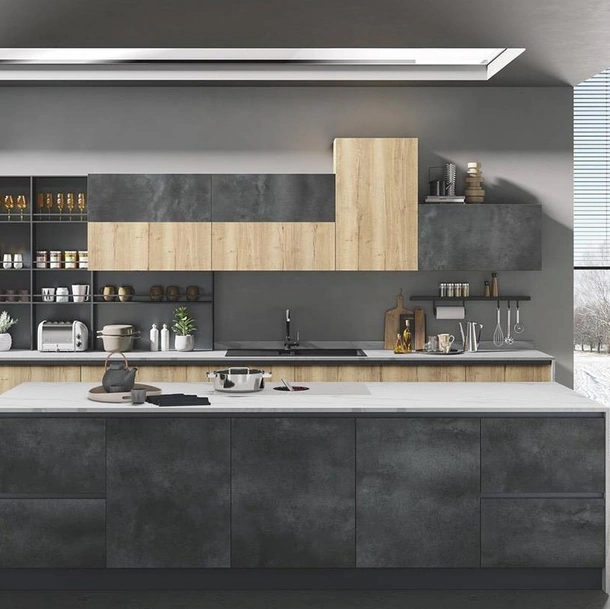 Cucina Moderna con isola Star finitura pietra grigia e naturale tavolato di Mobilturi