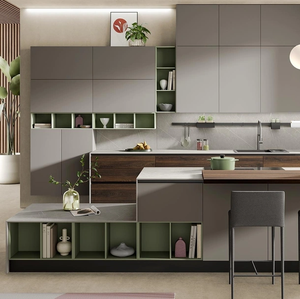 Cucina Moderna con isola Zante finitura rovere sigaro e matt visone di Mobilturi