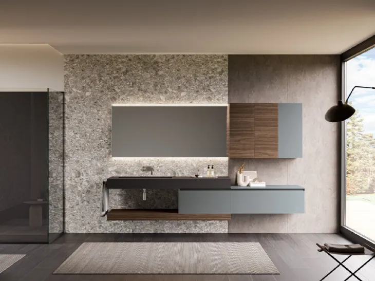 Mobile da Bagno sospeso Airy Edge 02 in laccato Granito con top in Gres Ardesia Nero di RCR