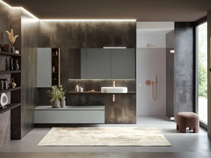 Mobile da Bagno sospeso Airy Edge 03 in laccato Grigio seta opaco e legno di RCR