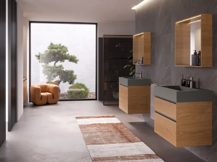 Mobile da Bagno sospeso in legno di Rovere tinto Cognac e Cemento Airy Edge 09 di RCR