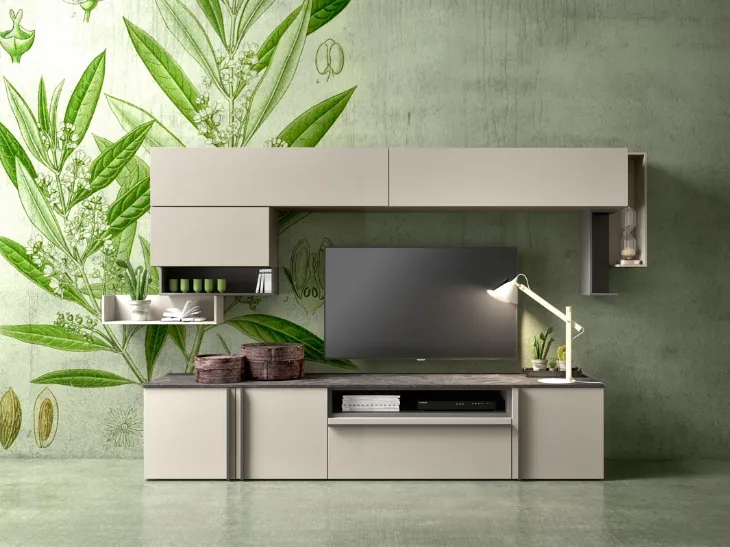 Parete Attrezzata in laccato opaco con top in finitura brown marble di Mab