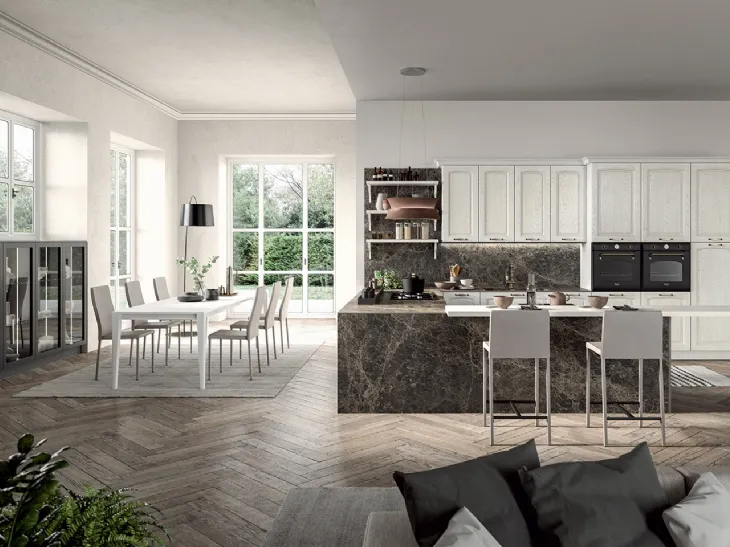 Cucina Classica angolare con penisola in legno di Frassino laccato Bianco a poro aperto e laminato effetto marmo Emma di Arredo3