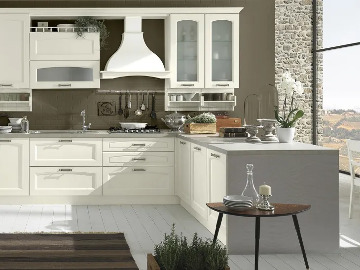 Cucina Classica con penisola Memory Bianco in legno laccato di Evo Cucine