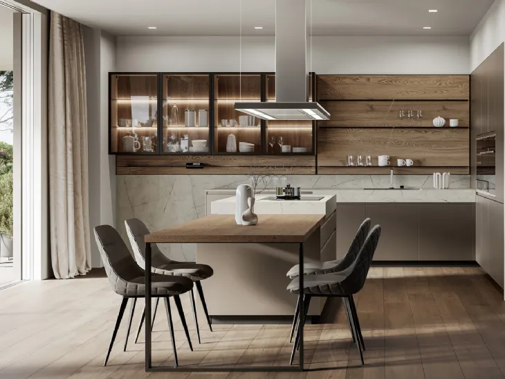 Cucina Moderna con isola Wega 02 in laccato metallizzato e rovere di Arredo3