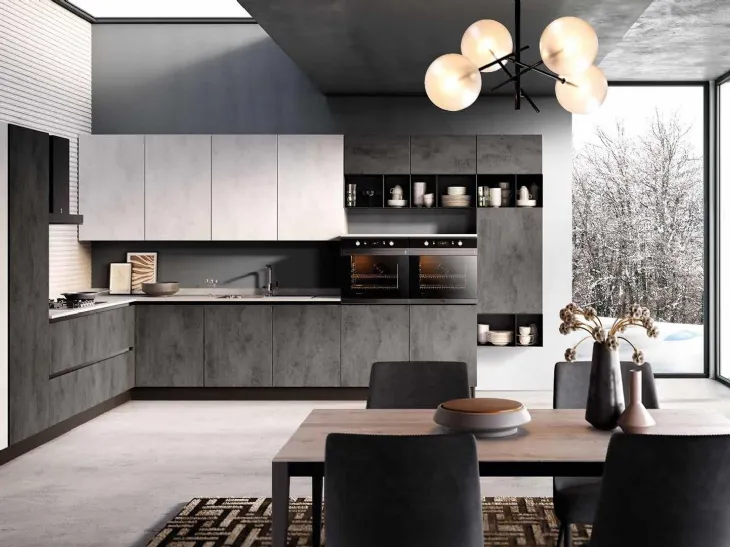 Cucina Moderna angolare Aurora finitura Cemento Bianco e Grigio scuro di Evo Cucine