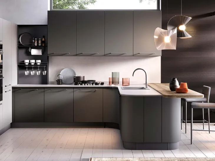 Cucina Moderna con penisola Aurora finitura laccato Latte e Grafite opaco di Evo Cucine