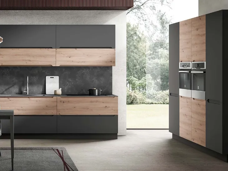 Cucina Moderna ad angolo Carima finitura Rovere nodato Miele e Grafite opaco di Evo Cucine