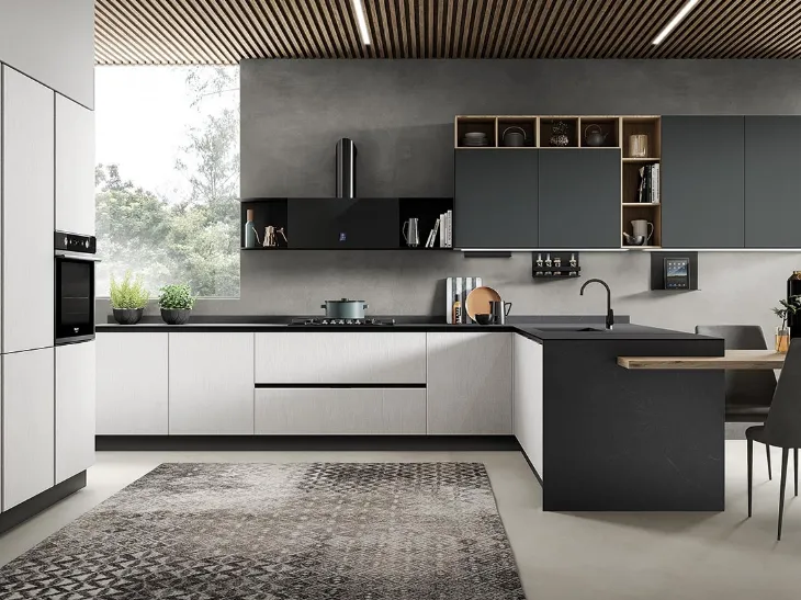 Cucina Moderna con penisola Diva in laminato Rovere Polare e Pet finitura Antracite opaco di Evo Cucine