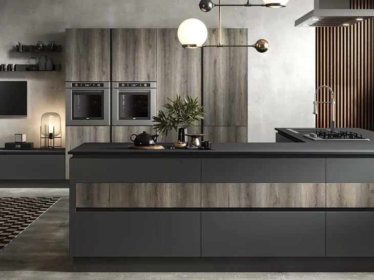 Cucina Moderna con isola Eos in HPL Alevè Artico e Glass Piombo opaco di Evo Cucine