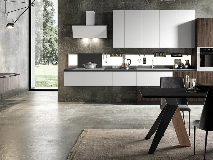 Cucina Moderna lineare Eos in Glass Bianco opaco e HPL Alevè Noce di Evo Cucine