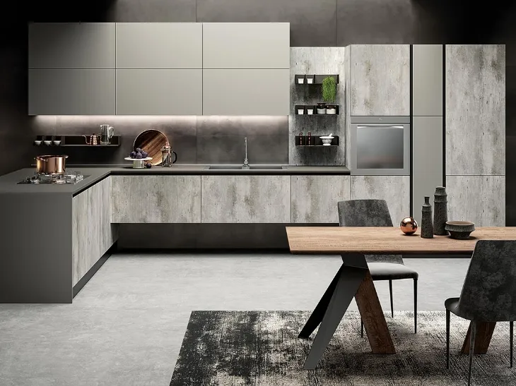 Cucina Moderna con penisola Eos in HPL Papier Cemento e Glass Tortora di Evo Cucine