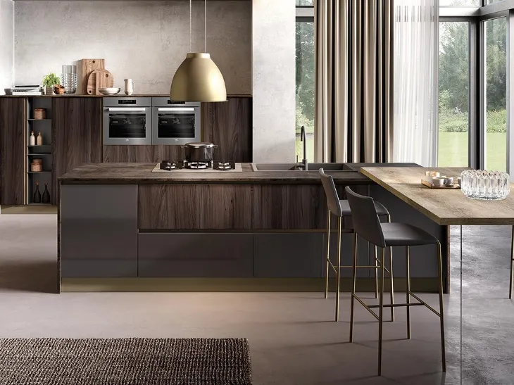 Cucina Moderna con isola Futura in melaminico finitura Antracite lucido e Rovere scuro di Evo Cucine