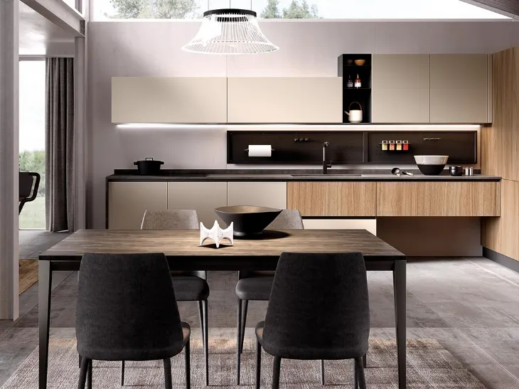 Cucina Moderna angolare Futura in melaminico finitura Corda opaco e Rovere Biondo di Evo Cucine