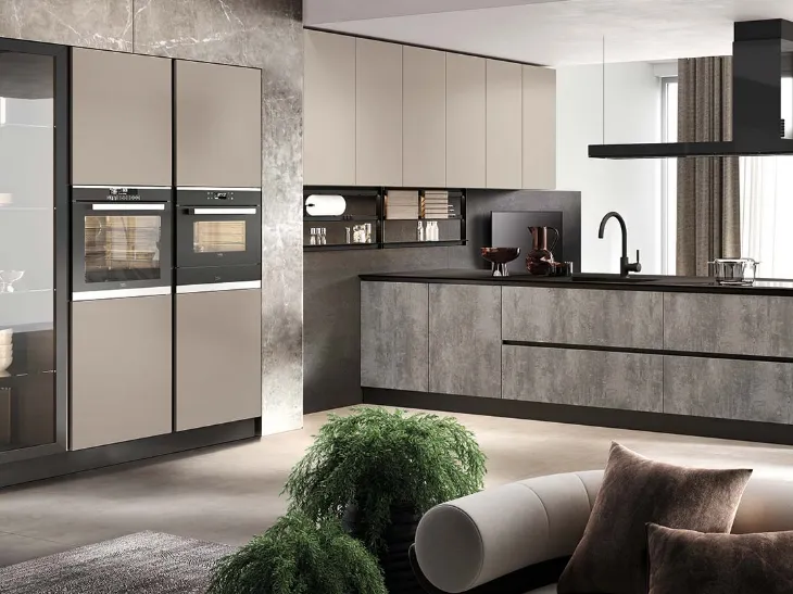 Cucina Moderna con penisola Futura in melaminico finitura Pietra Grigio e Fango opaco di Evo Cucine