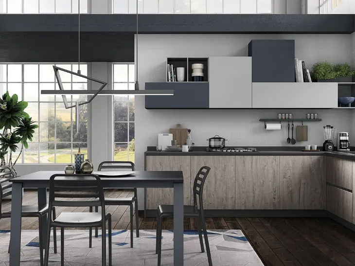 Cucina Moderna angolare Hilary finitura Rovere Grigio, Madreperla e Blue di Mobilturi