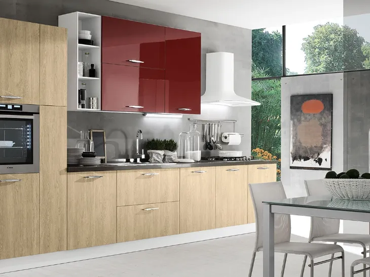 Cucina Moderna lineare Korinna in melaminico finitura Rovere Tortora e Bordeaux lucido di Evo Cucine