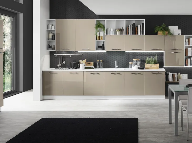 Cucina Moderna ad angolo Korinna in melaminico finitura Tortora lucido di Evo Cucine