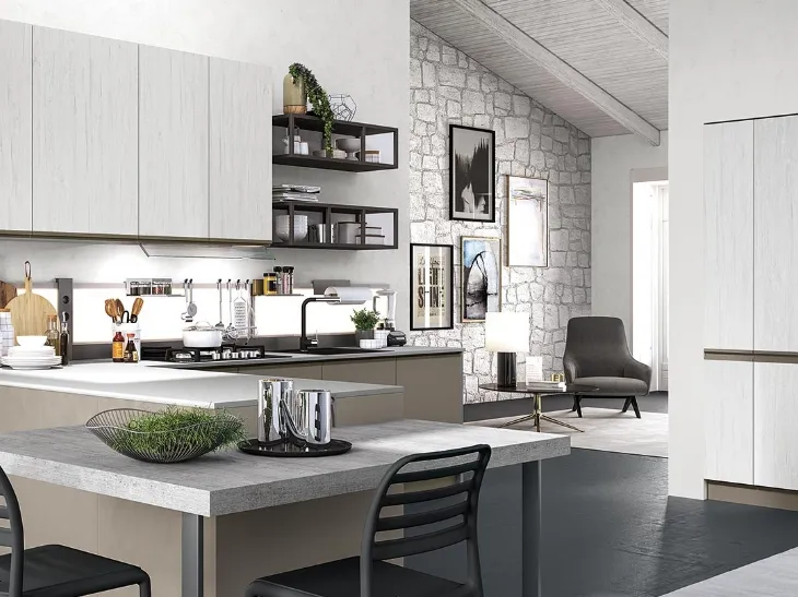 Cucina Moderna con penisola Maia in melaminico finitura Argento e Fango opaco di Evo Cucine