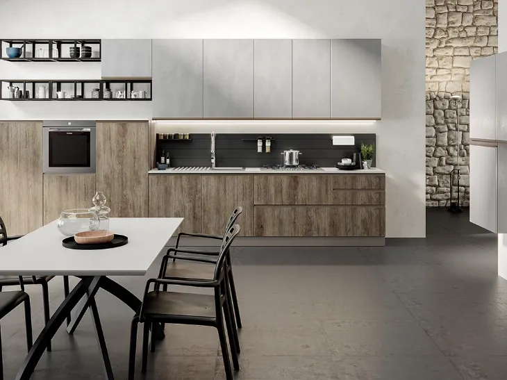 Cucina Moderna lineare Maia in melaminico finitura Cemento Grigio e Legno naturale di Evo Cucine