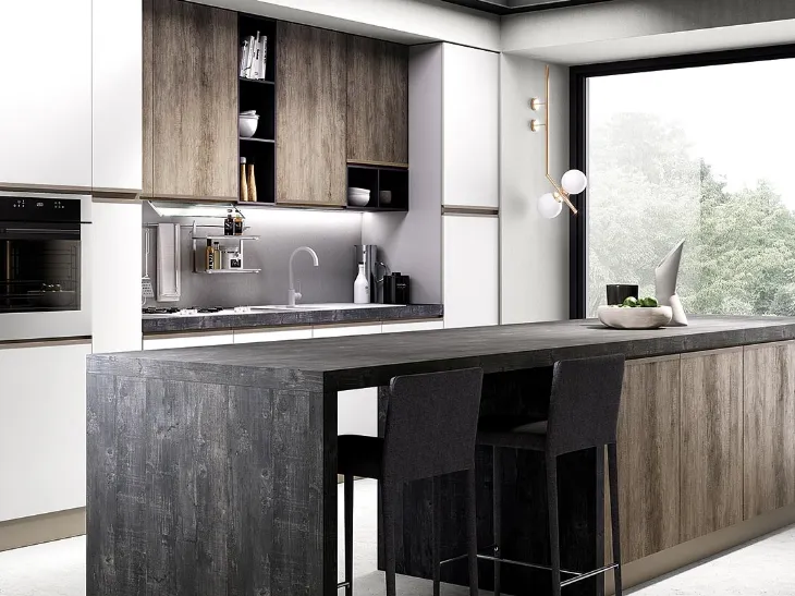 Cucina Moderna con isola Maia in melaminico finitura Legno naturale e Bianco opaco di Evo Cucine