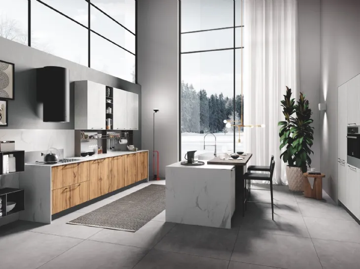 Cucina Moderna con isola Gaia finitura Cemento Bianco e Rovere Nodato di Mobilturi