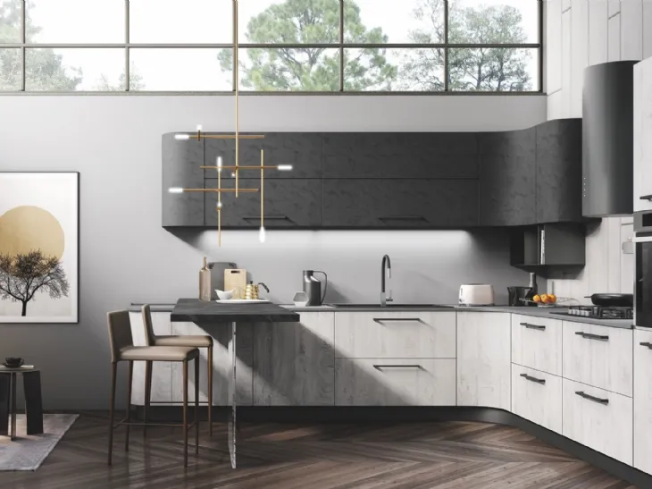 Cucina Moderna angolare con penisola Gaia finitura Cemento Nero e Quercia Ghiaccio di Mobilturi