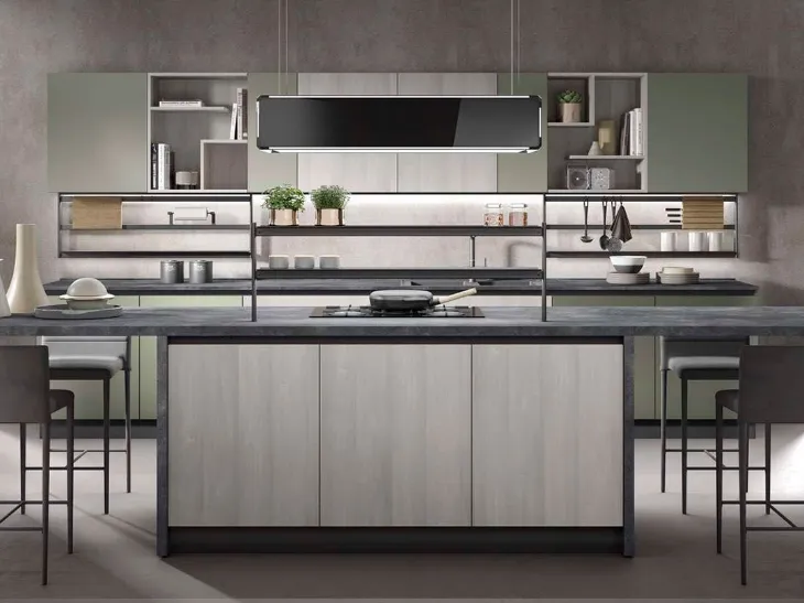 Cucina Moderna con isola Nevadain melaminico Larice Grigio e Pet finitura Verde Oliva opaco di Mobilturi