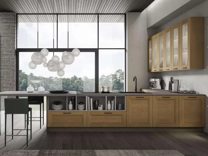 Cucina Moderna Nina in legno massello Rovere Miele con penisola di Mobilturi