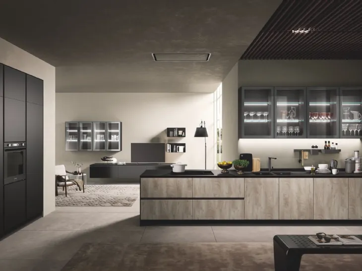 Cucina Moderna con penisola Oceano finitura Quercia Tabacco e Nero opaco di Mobilturi