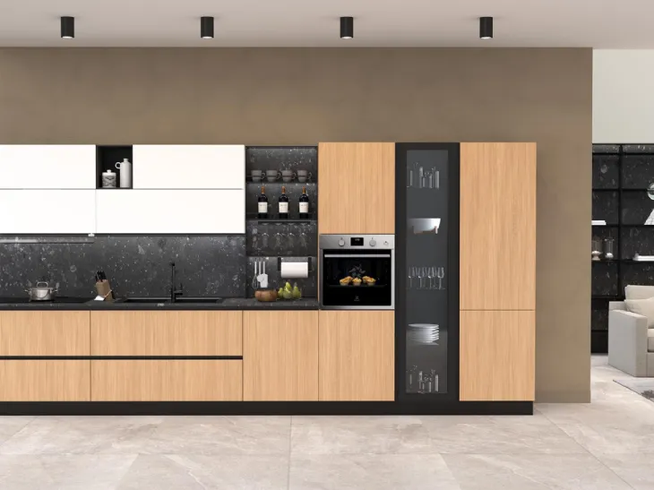 Cucina Moderna lineare Pop finitura Miele Rigato e Bianco Puro opaco laccato di Mobilturi