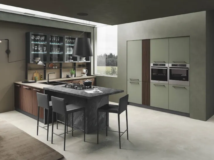 Cucina Moderna Pop finitura Noce Bruciato e Verde Muschio opaco di Mobilturi