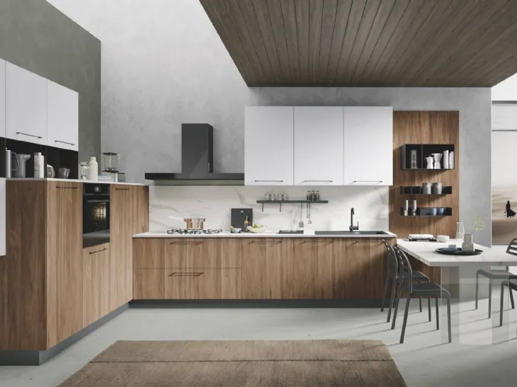 Cucina Moderna angolare con penisola Pop finitura Noce Italiano e Bianco opaco di Mobilturi