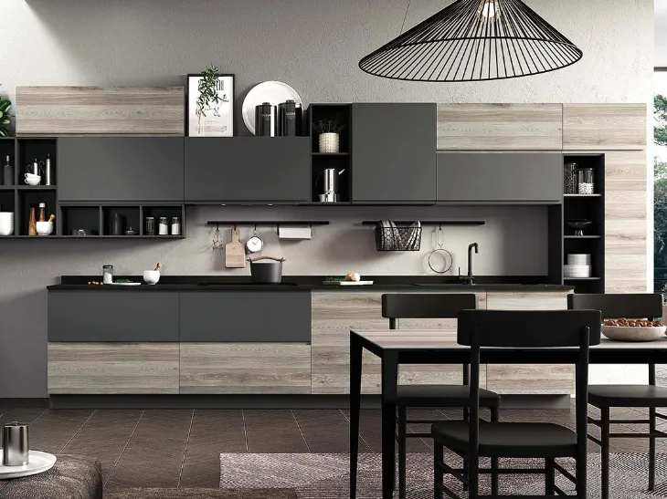 Cucina Moderna ad angolo finitura Aria Rovere Corda e laccato Antracite opaco di Evo Cucine