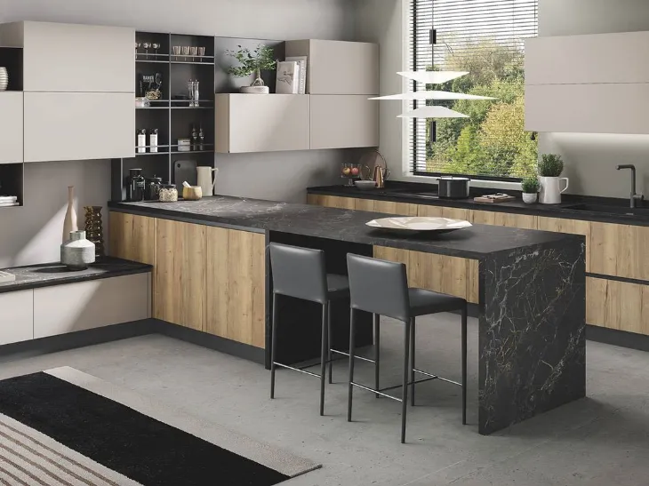 Cucina Moderna con penisola Star finitura Naturale Tavolato e polimerico Corda opaco con top in laminato di Mobilturi