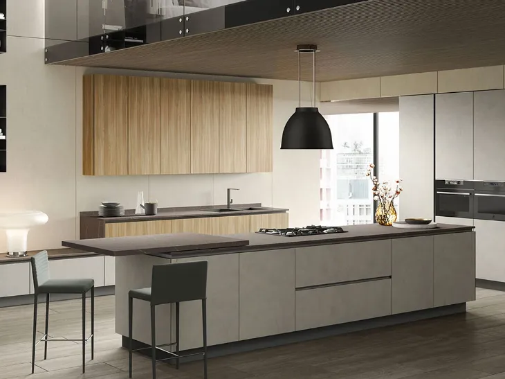 Cucina Moderna con isola Stratos in HPL Grey Ostuni e HPL Noce di Mobilturi