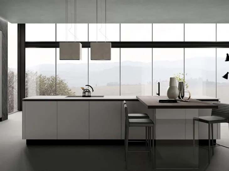 Cucina Moderna con penisola Stratos HPL Grigio Cemento e HPL Gesso di Mobilturi