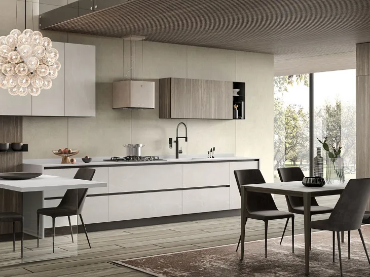 Cucina Moderna con penisola Stratos in HPL Kandia White e HPL Hidalgo Aragona di Mobilturi