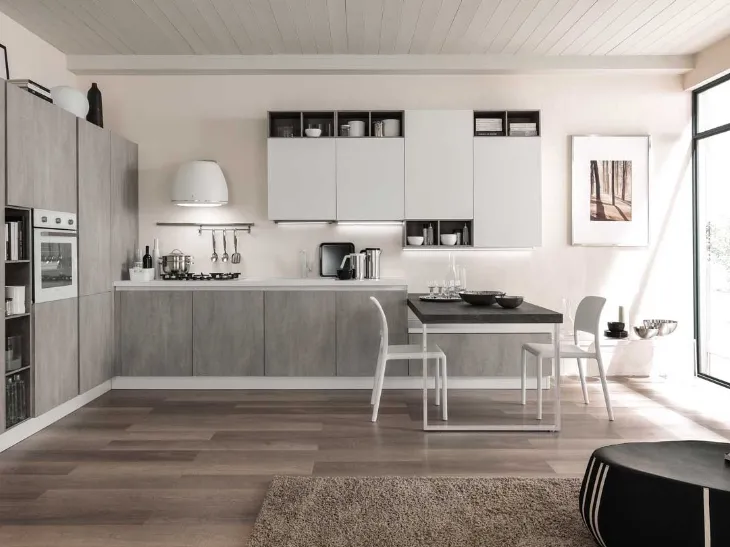 Cucina Moderna ad angolo con penisola Zen finitura Argento Cemento e Seta Bianco opaco di Mobilturi
