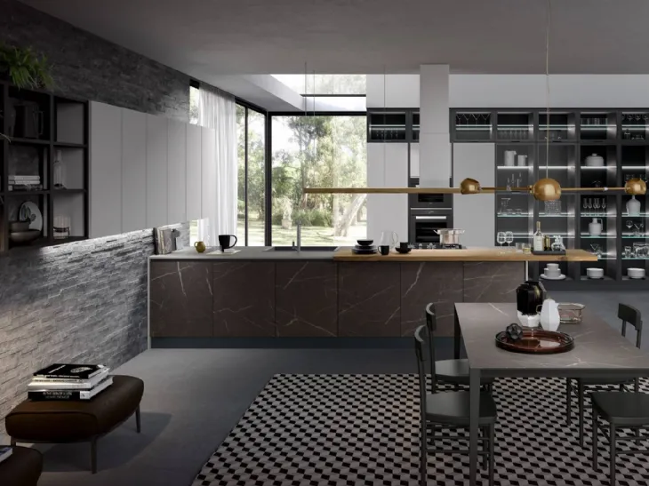 Cucina Moderna con penisola Zen finitura Marmo Marrone e Corda opaco di Mobilturi