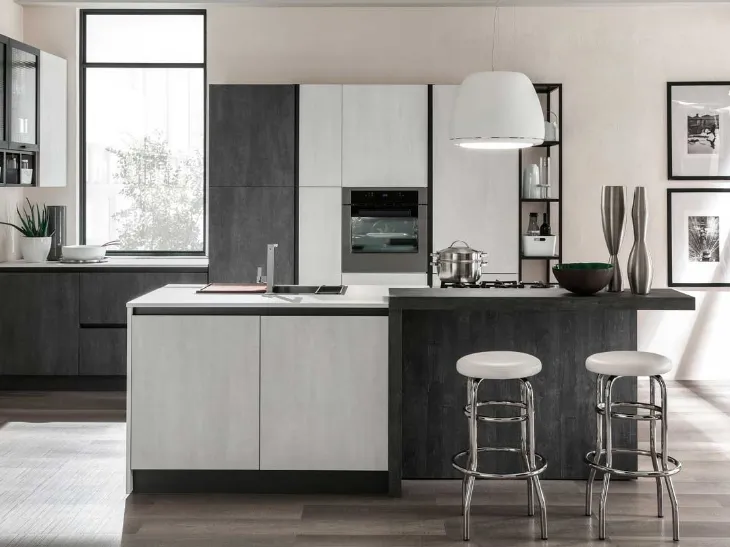 Cucina Moderna con isola Zen finitura Perla Cemento e Lavagna Cemento di Mobilturi